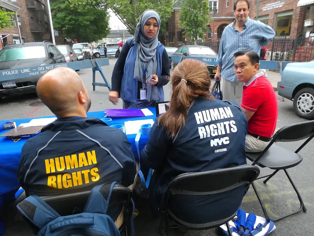 Officers answering crowd's questions